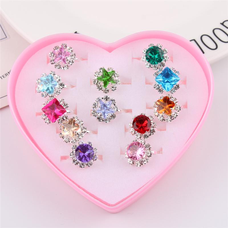 Adjustable Kids Diamond Artificial Gem Ring Jewelry Heart Crystal Finger Ring for Children Girls Birthday Party Gift