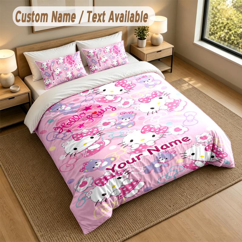 3Pcs Bedding Set Custom Name Text, 1 Sheet 2 Pillowcases Home Bed DecorHello Kitty