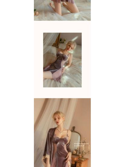 Velvet Lace Mesh Heart Pajama Set: Strappy Nightgown & Robe