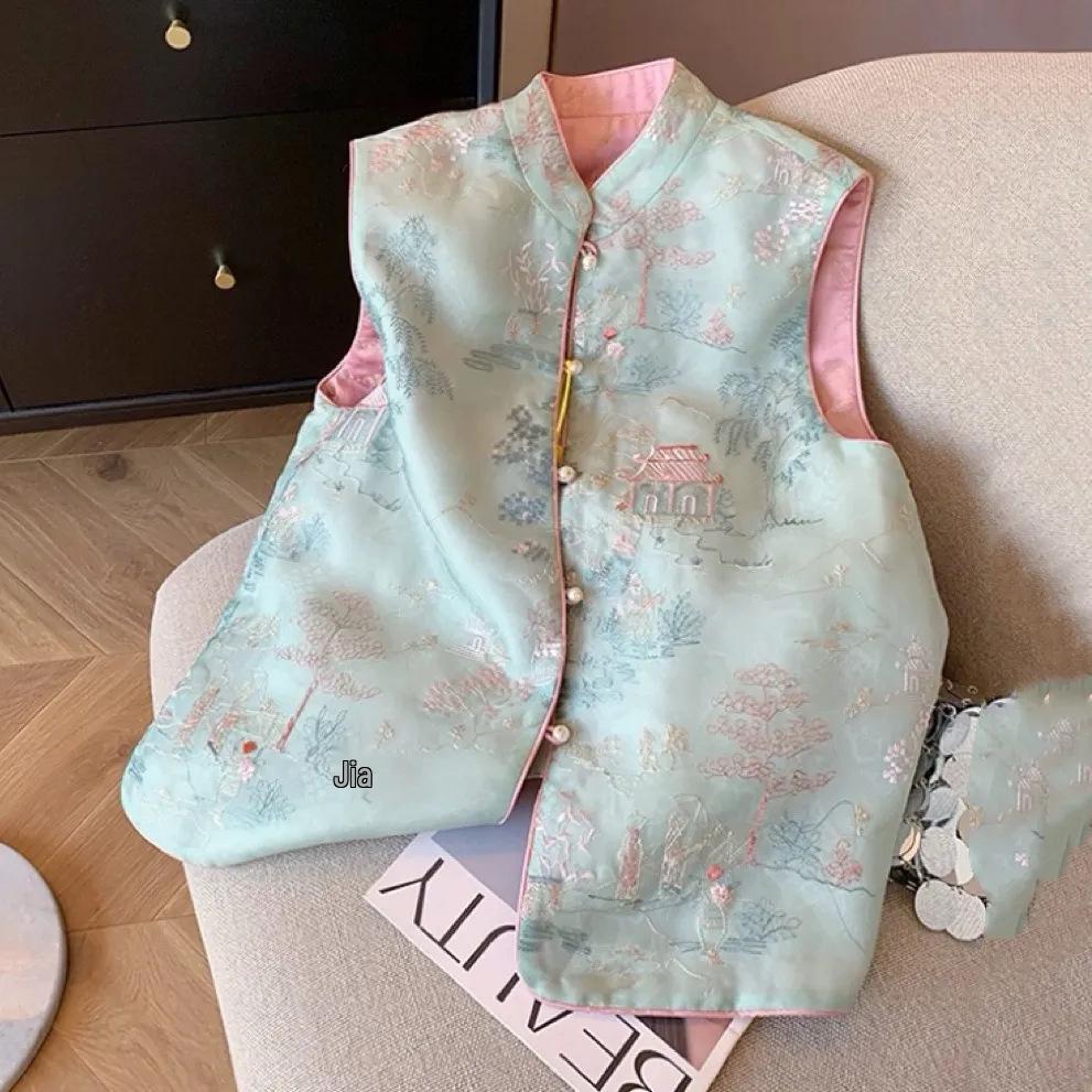 

Жилет без рукавов в китайском стиле с жемчужной пуговицей и воротником-стойкой XL синий