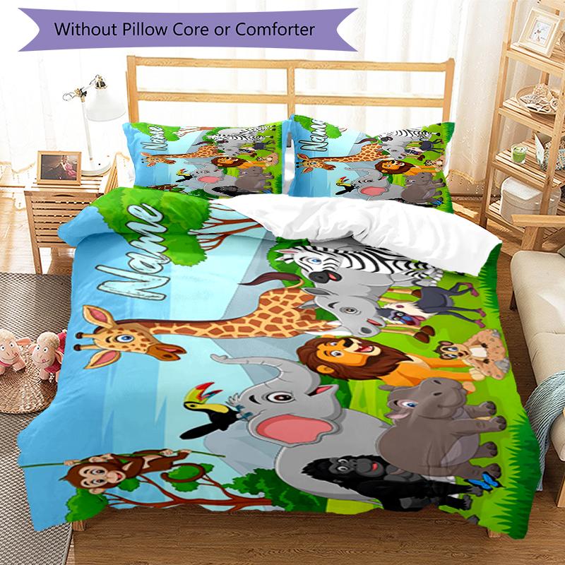 3pcs Custom Name Animals Bedding Set Duvet Cover Closure Includes 1 Duvet Cover & 2 Pillowcases, Soft and Comfortable for All Seasons.