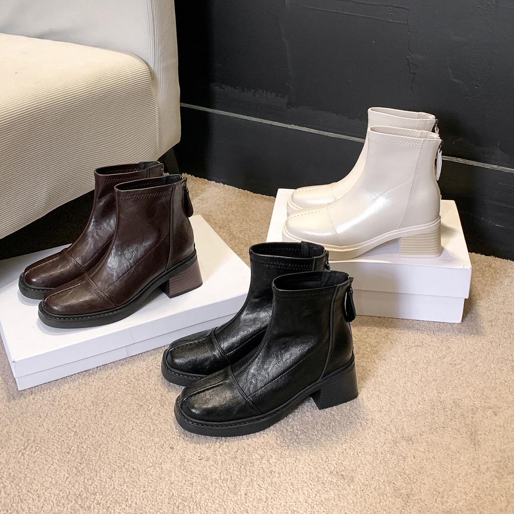 Skinny Boots Rear Zipper Short Boots Women's Retro Heightening Pleated High Heels Texture Commuter British Martin Boots
