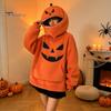 Holiday Casual Top Women Oversized Halloween Pumpkin Hoodie, Fall Long Sleeve Hooded Pullover Sweatshirt with Pocket, Jack-O-Lantern Costume