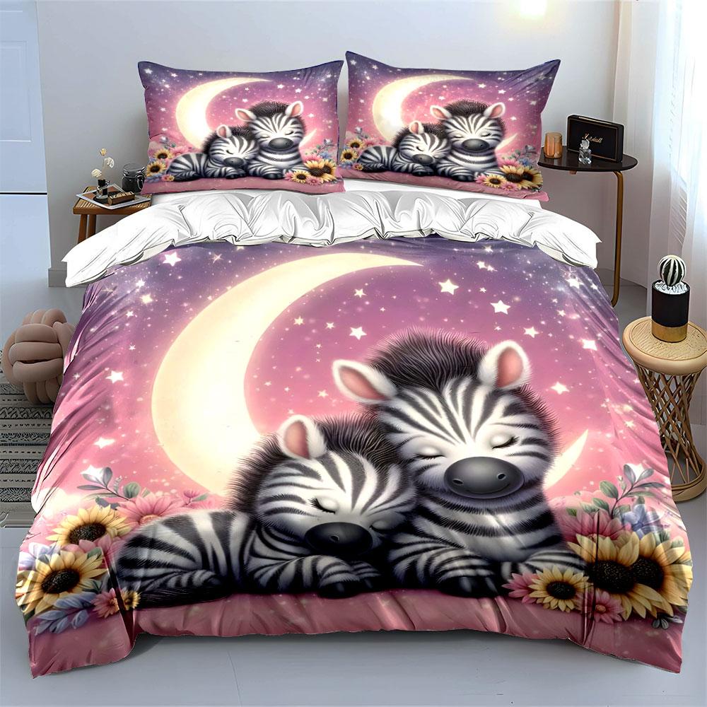 Dreamy Zebras Cuddling Together Duvet Cover Set With 3D Printing Design Soft Polyester Bedding Set All-Season Comfort