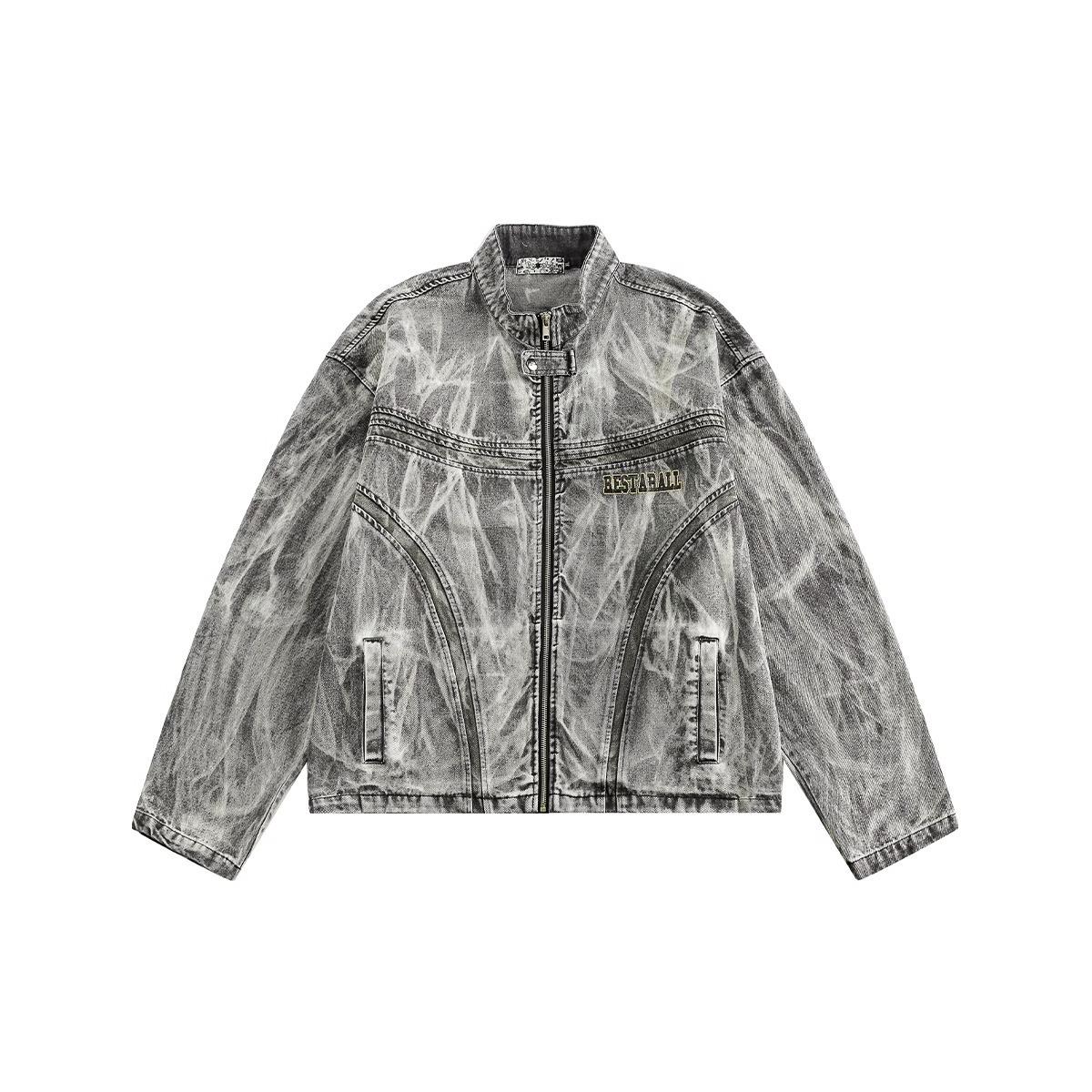 

American high street old graffiti print denim jacket men s spring and autumn new loose destructive motorcycle jacket top 3XL
