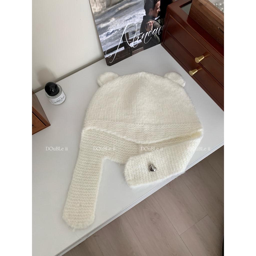 Double i i cute little ears knitted wool hat women's warm ear protection Lei Feng hat shows small face