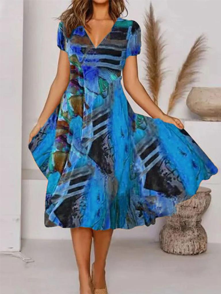 Long dress casual V-neck pendulum bohemian short-sleeved dress