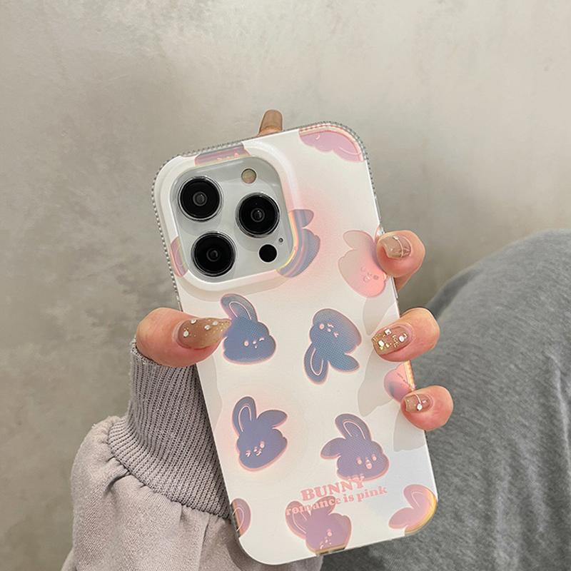 Schöne rosa Kaninchen-Hülle für iPhone 13 11 12 14 Pro Max 14 Plus süße Hasen-Laser-Telefonabdeckung Capa