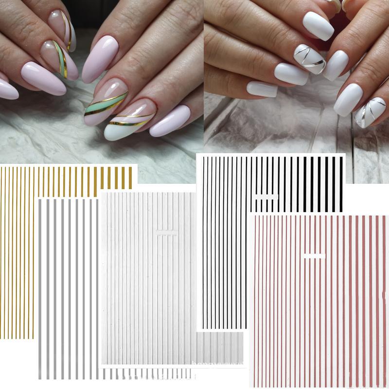 12Pcs/1pcs Nail Lines Strip Stickers Gold/Silver Metal CurveStrip Tape Decals Self-Adhesive Slider DIY Manicure Nail Art Sticker