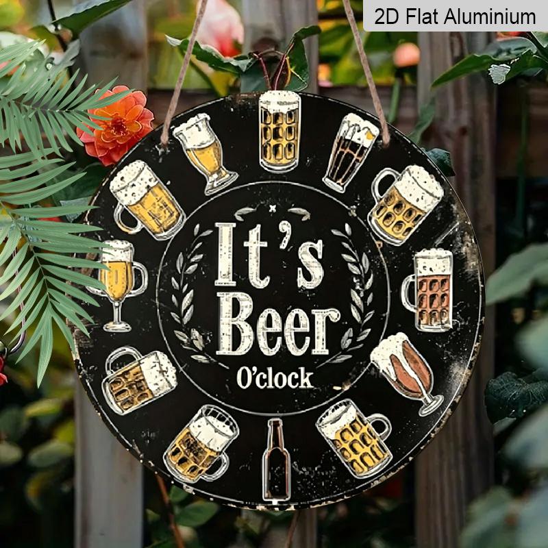 2D Flat, 1pc Round Aluminum "It's Beer O'clock" Sign, Vintage Retro Beer Glass Clock Wall Decor, Lightweight Hanging Signs - Waterproof & Durable