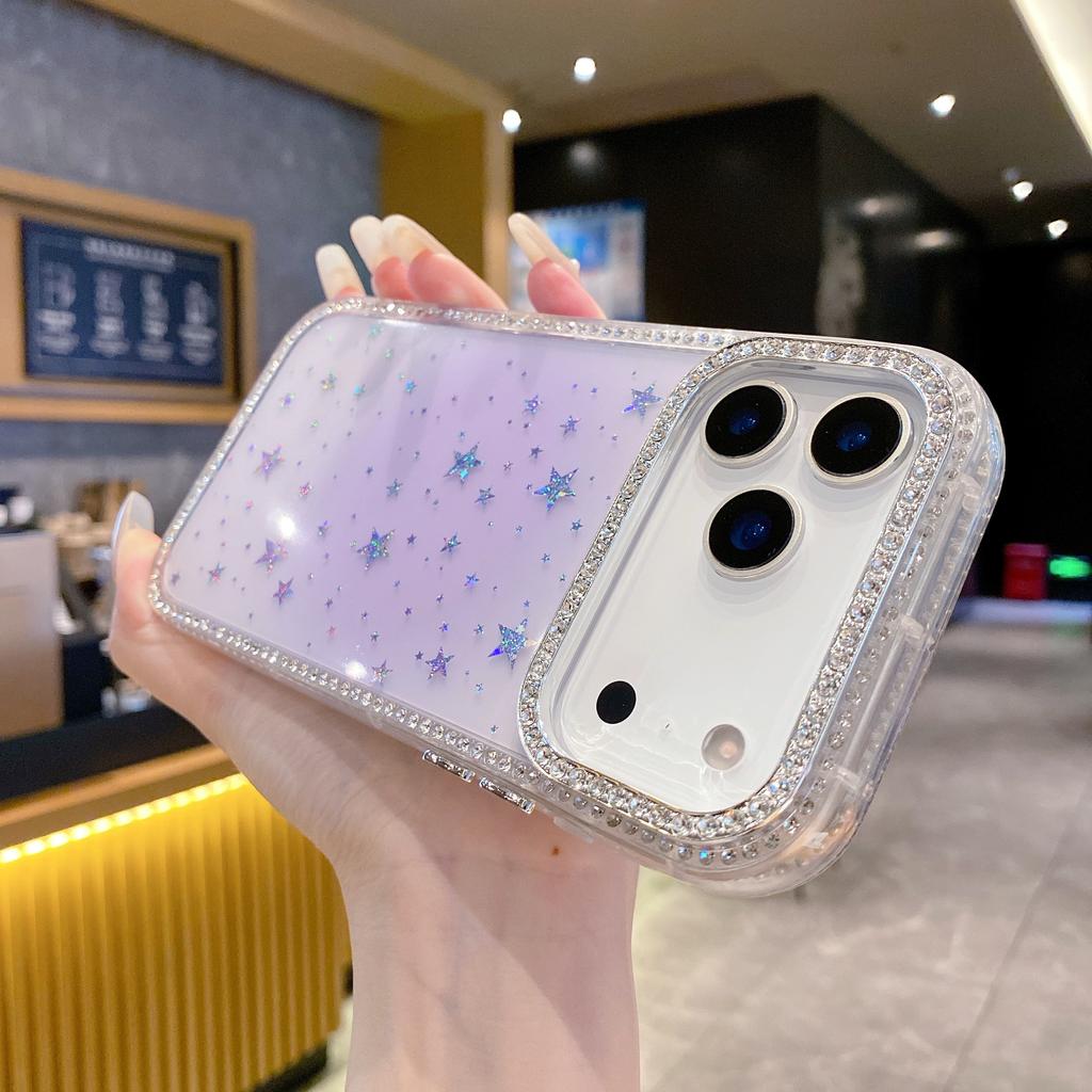 Shining Diamond Gradient Star Sequin Case For 17 16 16E 15 14 13 12 11 Pro Max Plus Rhinestone Transparent Glitter Cover