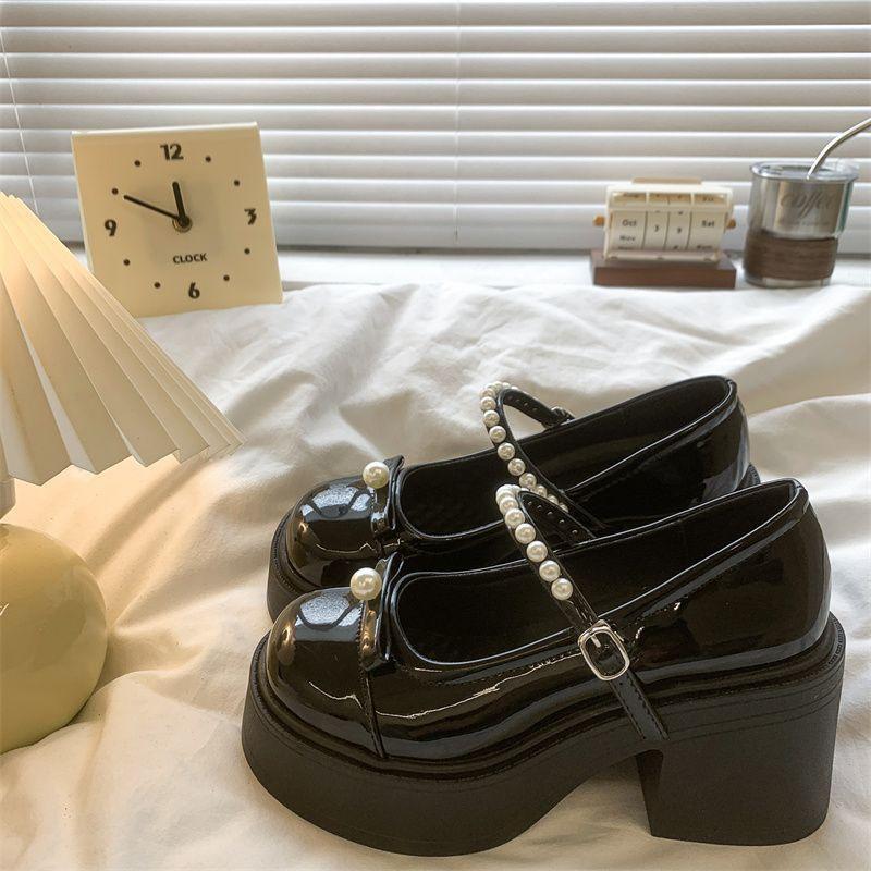 White round head thick heel platform small leather shoes women's new summer skirt Mary Jane shoes