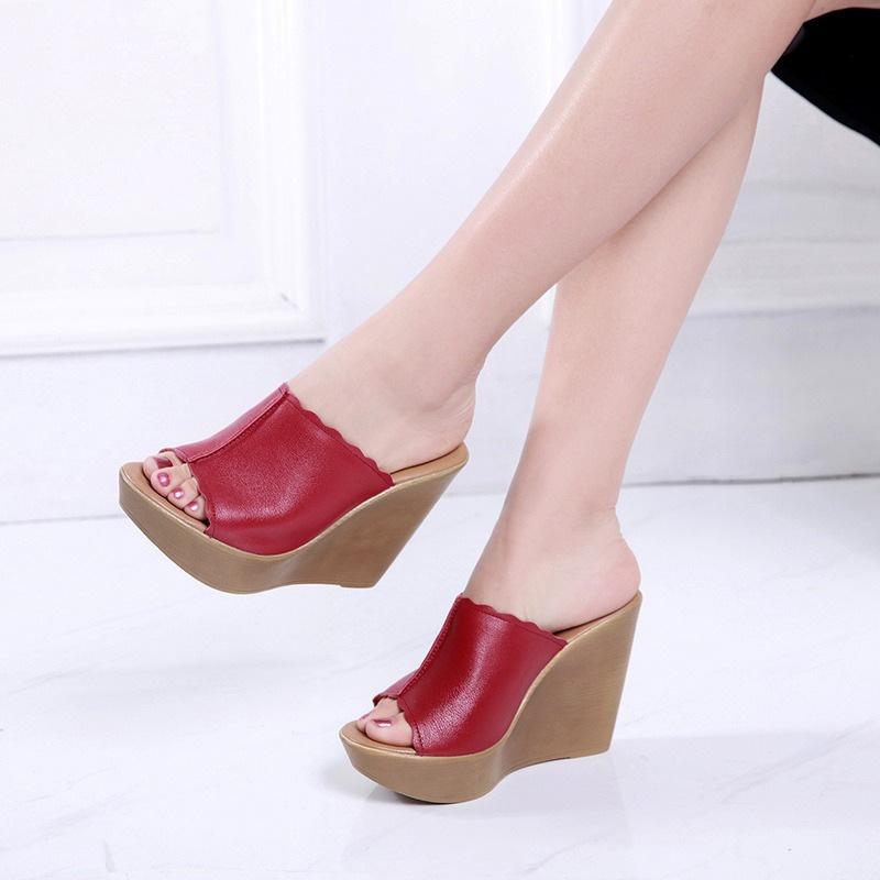 European and American fashion slope high-heeled cool slippers women's 2025 spring new fish mouth open-toed thick-soled large-size cool slippers