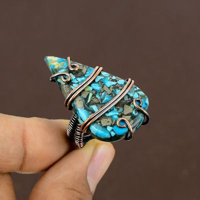 Natural Copper Turquoise Gemstone Handmade Copper Wire Wrap Ring Size 7 v4R41