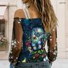 Plus Size Women Diagonal Shoulder Long Sleeve Top Boho Tropical Blossom Print Mesh Lace Splicing Blouse