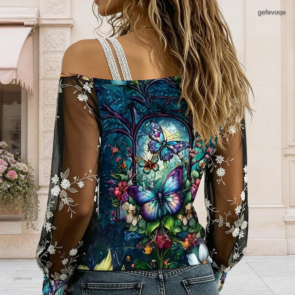 Plus Size Women Diagonal Shoulder Long Sleeve Top Boho Tropical Blossom Print Mesh Lace Splicing Blouse
