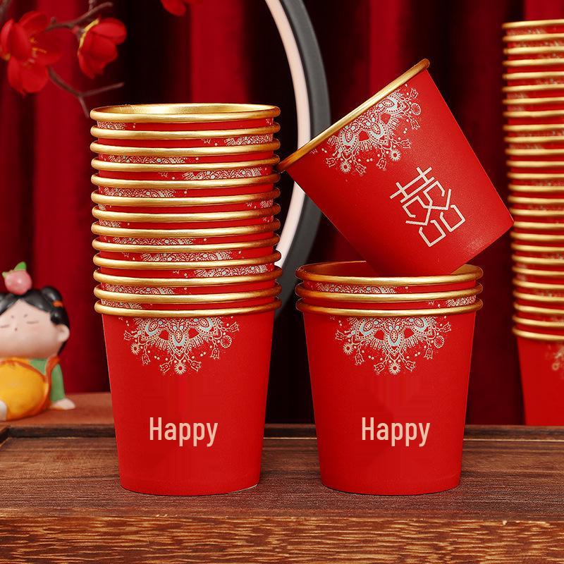 Gold Foil Disposable Wedding Cups - Thickened Red Tea Ceremony & Celebration Cups 50 pcs