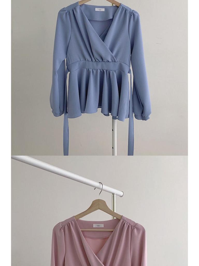 Elegant V-neck Chiffon Blouse - Women's Spring/Autumn, Waist-Slimming Tie-up, Long-Sleeve, Sweet Fairy Style