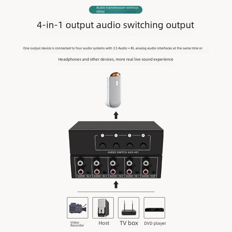 Tongli 4x1 Audio Switcher: 4-Port Sharing Device with Lotus RCA & 3.5mm Stereo Interface