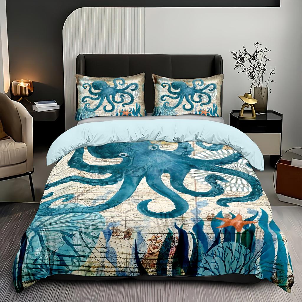 Ocean Theme Quilt Cover Three-Piece Beach Shell 3D Digital Printing Quilt Cover Pillowcase