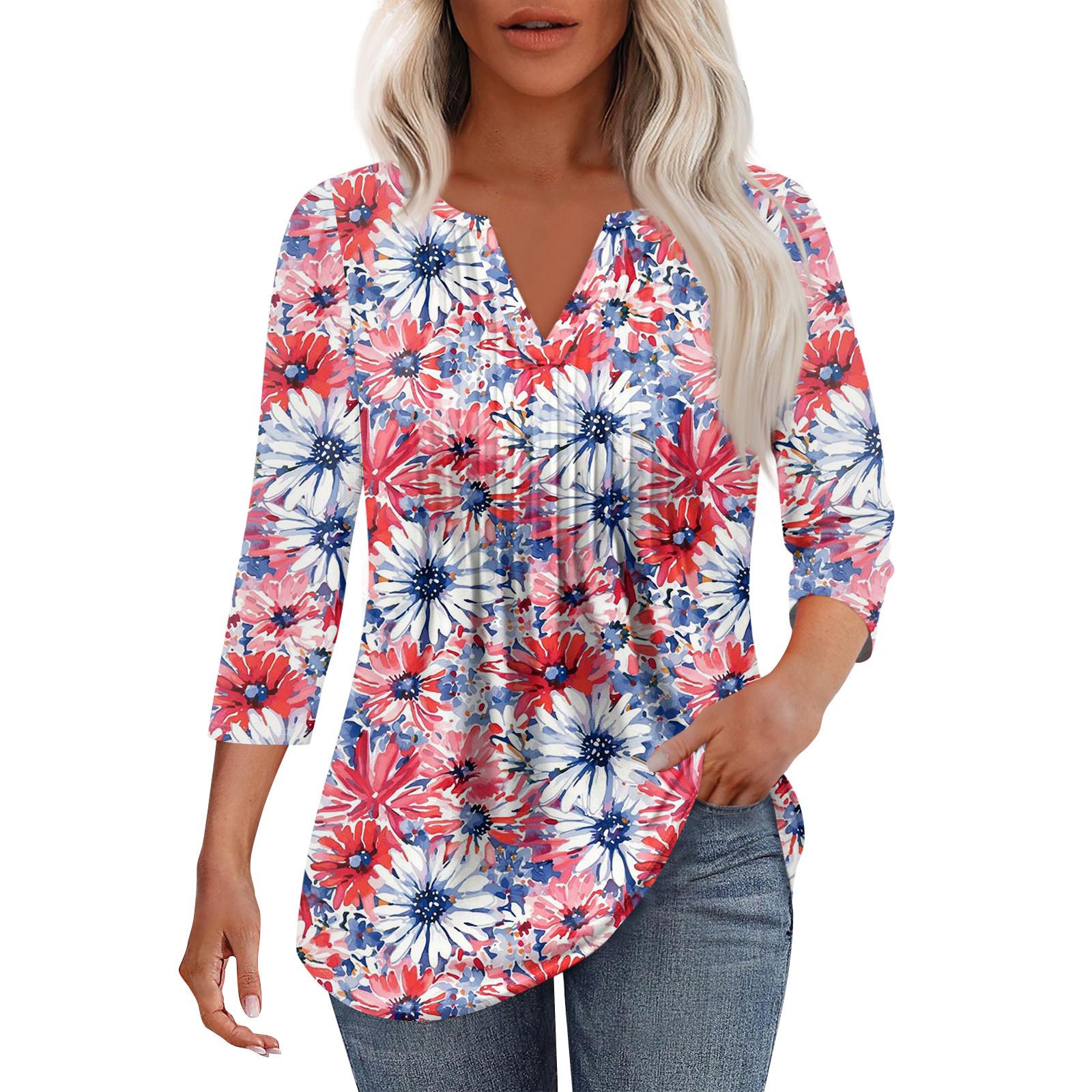 

Женская модная повседневная плиссированная футболка с V-образным вырезом и рукавом семь четвертей L розовый