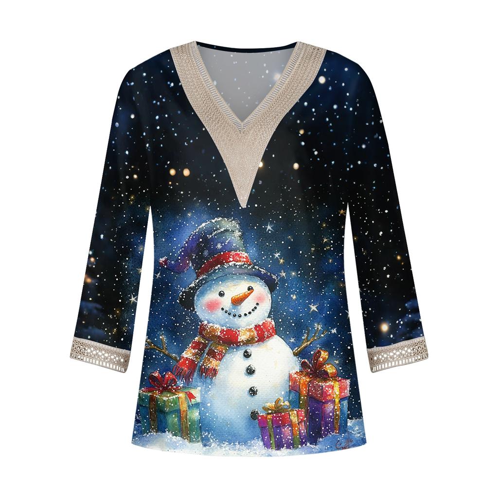 Women's Loose Casual Three-quarter Sleeve V-neck Lace Loose Christmas Print T-shirt Top
