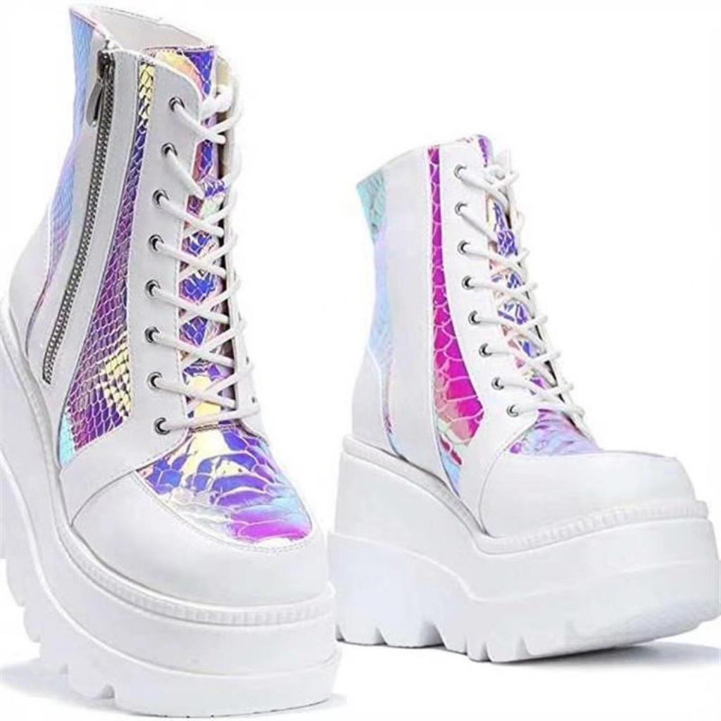 Short boots autumn and winter leather boots high-top muffin single shoes super high heel wedge heel large size shoes