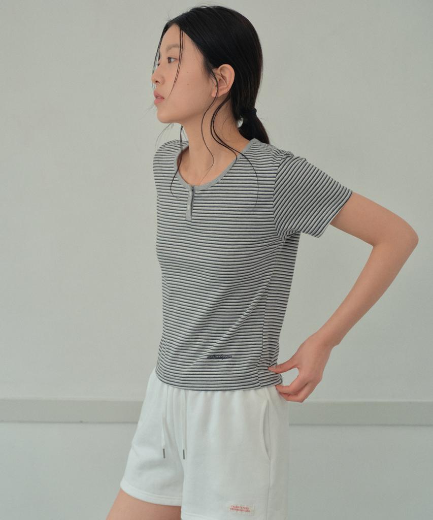Wednesday Oasis For Woman Allo Stripe Henley Neck Short Sleeve T-Shirt_Charcoal(Wb6Tp29)