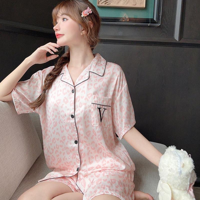 Stylish Sweet Pink Leopard Print Women'S Loungewear Summer Ice Silk Short-Sleeved Elastic Waist Suit