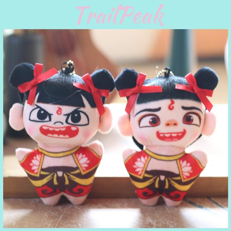 Cute Short Nezha Plush Stuffed Doll Keychain Pp Cotton Fill Decor Backpack