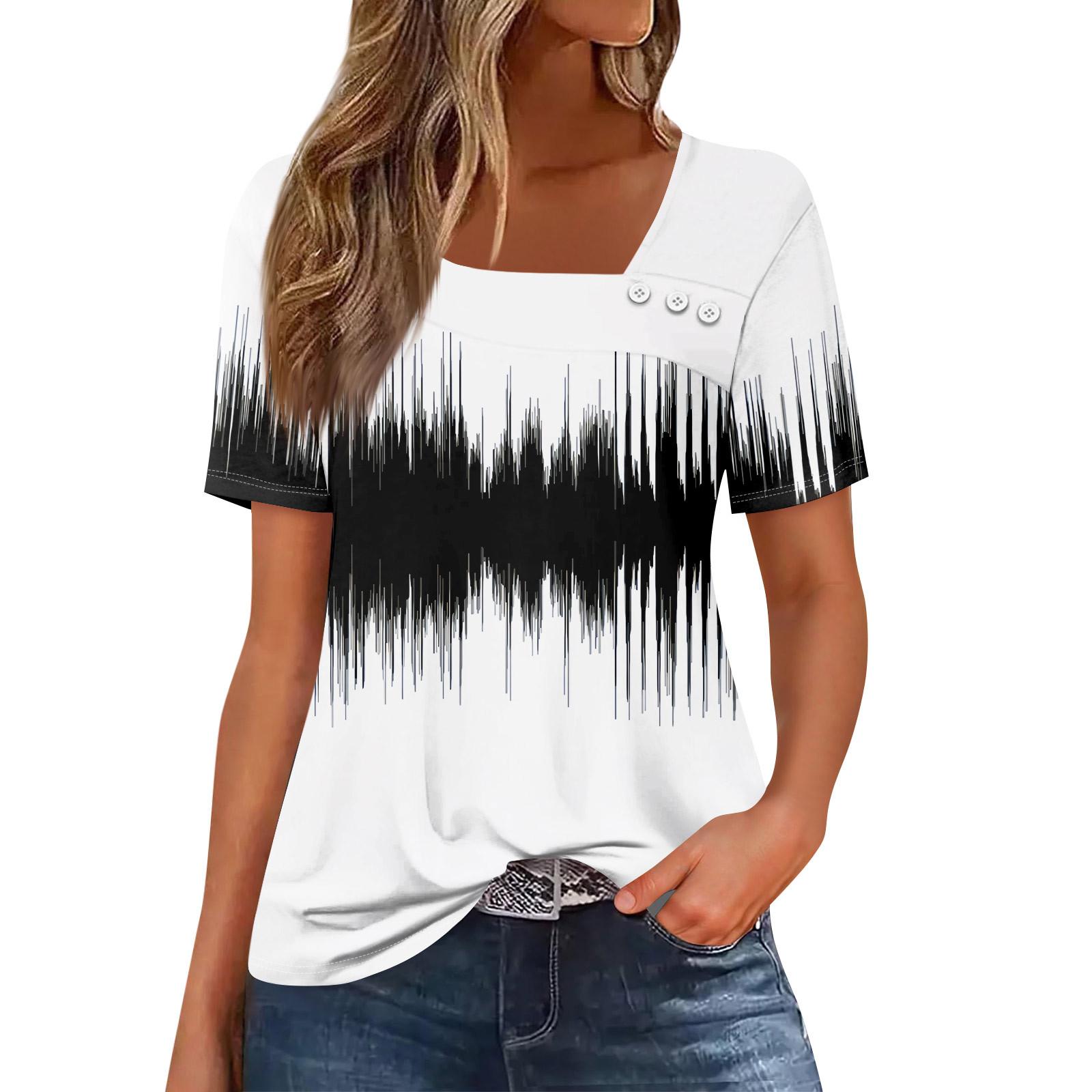 

Women s Casual Printed Asymmetric Neck Short Sleeve Decorative Button T-Shirt Top L білий