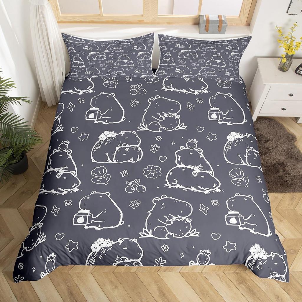Cartoon Capybara Duvet Cover Twin Queen Toddler Botanical Leaves Funny Animal Bedding Set Graffiti Sketch Lines Comforter Cover