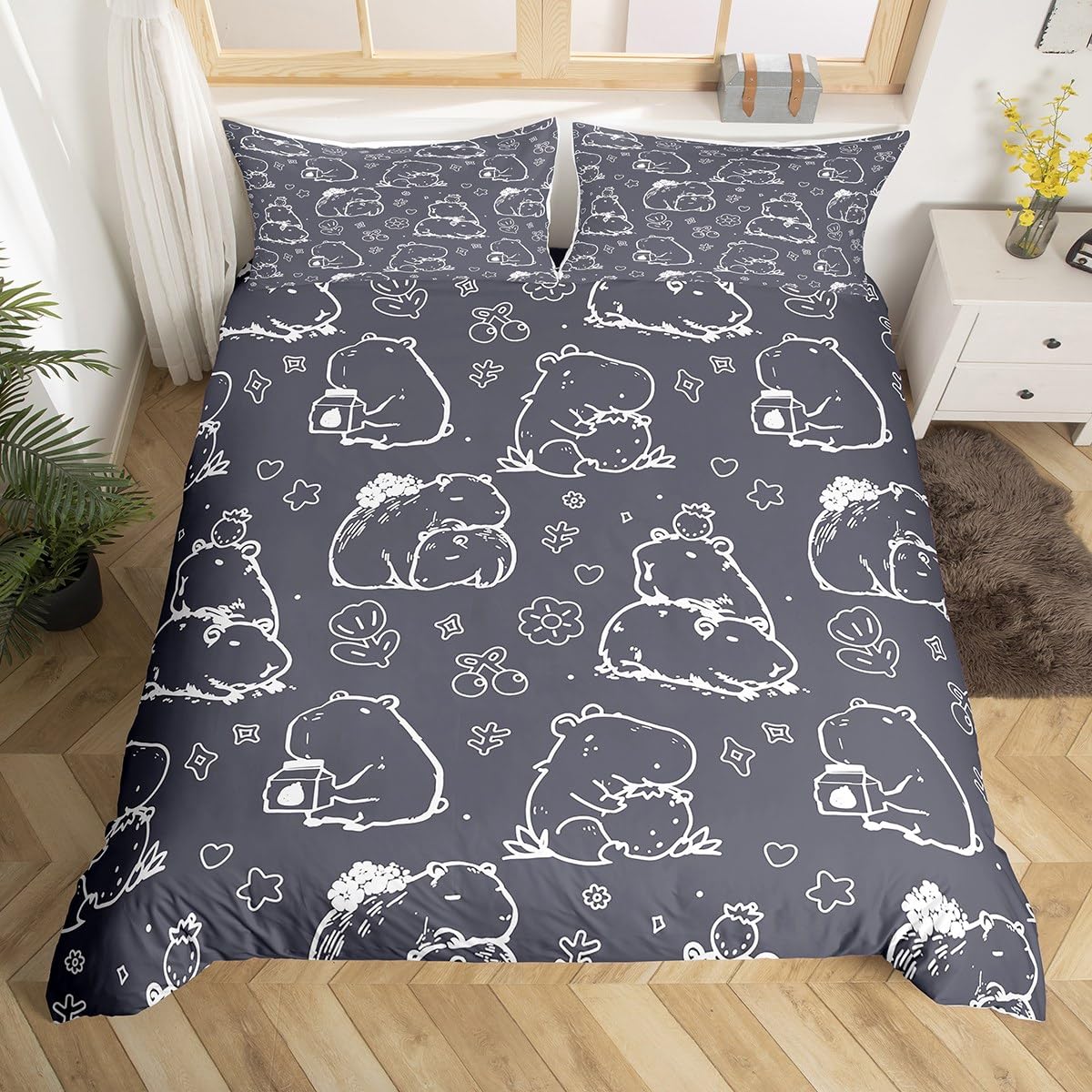 

Carton Capybara Soft Duvet Cover Twin Quen Todler Botanical Leaves Funy Animal Beding Set Grafiti Sketch Lines Warm Comforter Cover 100*200cm Single