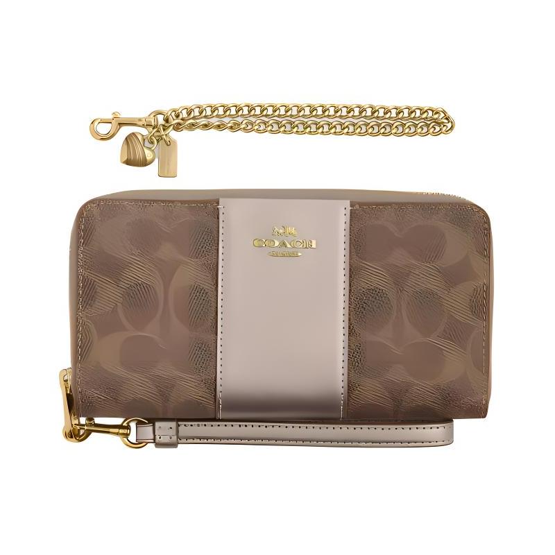 

COACH Boxed 19 Gold Logo Zip Closure Coated Canvas Wallet Women s Tan with Light Champagne золотой