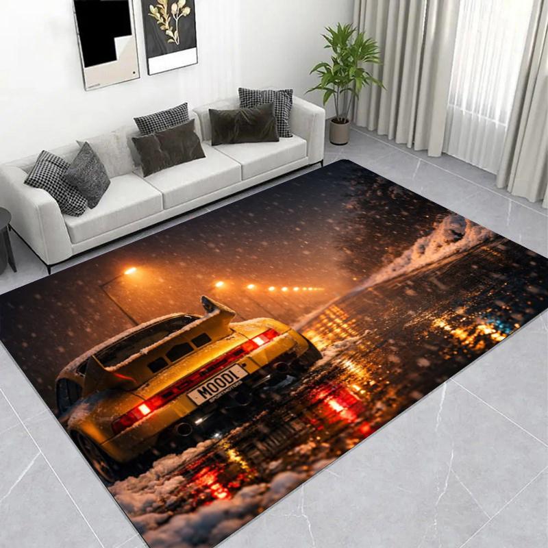American Muscle Car Night Scene Printed Area Rug, Non-Slip Living Room Floor Mat Home Decor