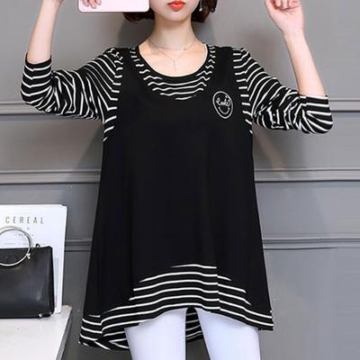 2025 Stylish Fake Two Pieces Striped Pullovers Casual Patchwork Women's Clothing Korean Loose Spring Autumn Long Sleeve T-shirt