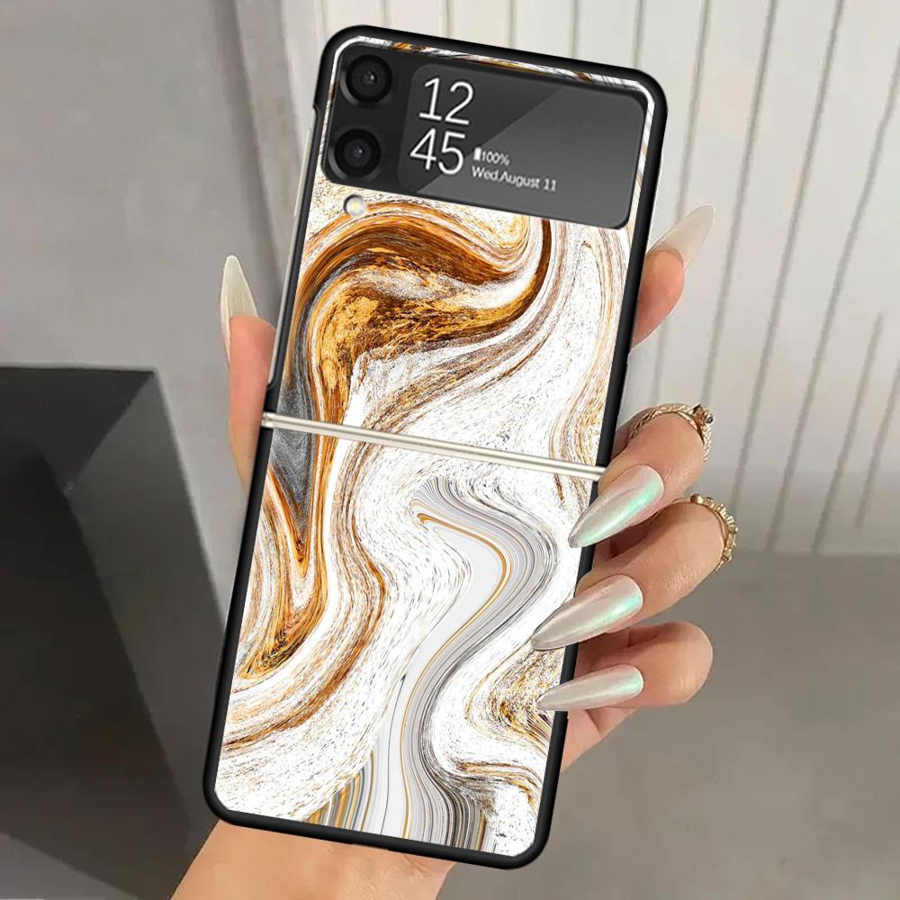 

Fashion Gold Pink Geometric Marble Hard PC Phone Case For Samsung Galaxy Z Flip 6 5 4 3 Black Cover ZFlip6 Flip5 Flip4 5G Foldab Samsung Z Flip 3