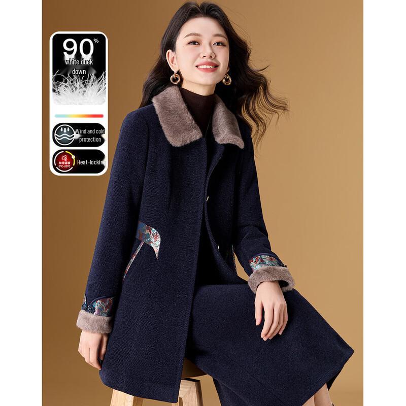 

New Chinese Style Embroidered Duck Down Coat with Faux Mink Trim XL