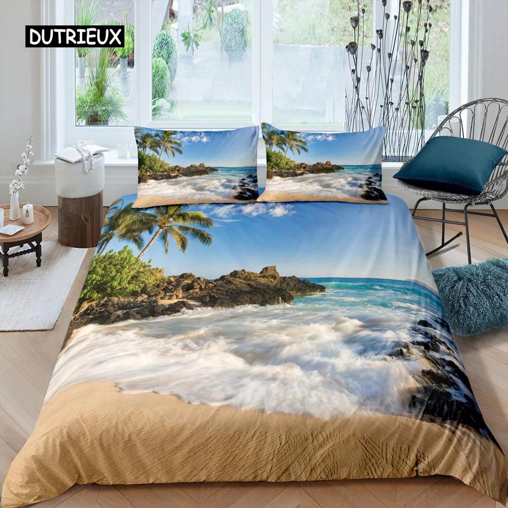 Beach Duvet Cover Set Twin for Kids Ocean Bedding Set Bedclothes Hawaiian Tropical Printed Microfiber Polyester Comforter Cover