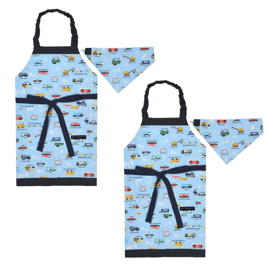 COLORFUL CANDY STYLE Kids Apron Full Throttle Working Vehicle Set of 2 Boys Cool Kids Apron Bandana Set Elastic Kids Apron Stylish Toddler Elementary