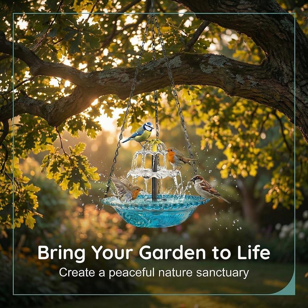 Solar Waterfall Hanging Bird Bath Fountain, Outdoor Bird Bath with Solar Pump and Glass Bowl