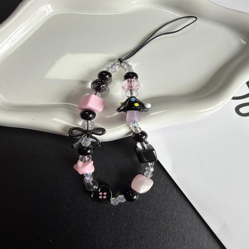Elegant Black Beaded Mushroom Phone Case Lanyard with Cute Camera Charm