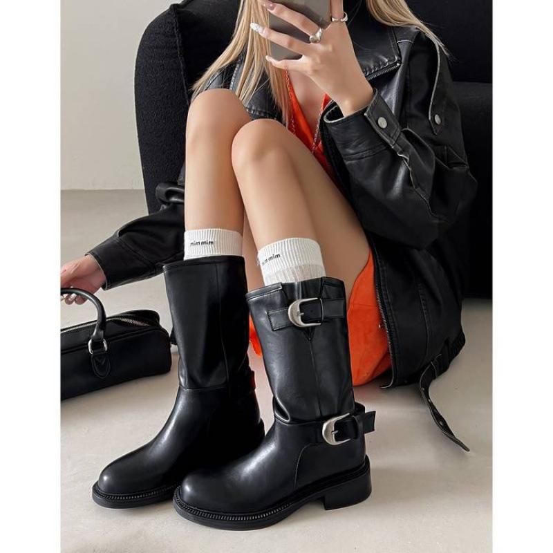 New women's leather boots round head versatile large size women's boots medium heel round head rubber platform high boots leather knight boots