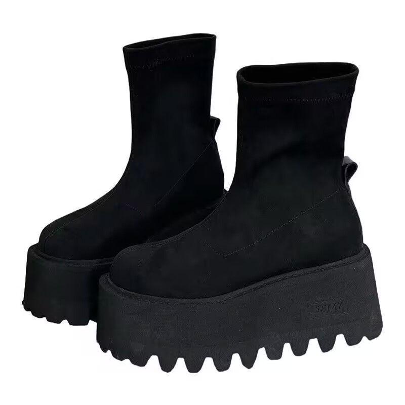 Elastic Thick-Soled Women's Winter Martin Boots 2025 - Black High-Heeled Height-Increasing Short Boots for Autumn