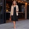 Women's Color V-Neck Long Sleeve Midi Dress with Crossed Waist Gathers