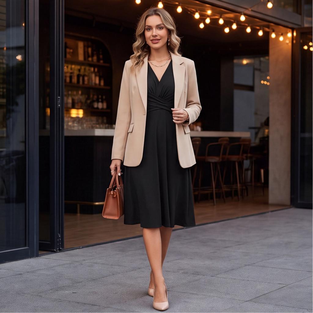 Women's Color V-Neck Long Sleeve Midi Dress with Crossed Waist Gathers