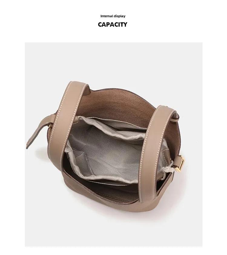 2025 Large Capacity Genuine Leather Commuter Handbag - Lychee Pattern Cowhide Bucket Bag