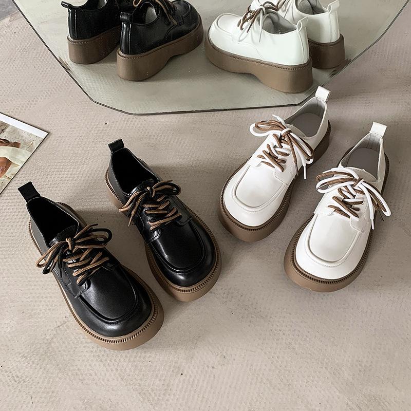 Women's College Style Lace-up Leather Shoes Thick-soled Casual Non-slip Wear-resistant Loafers
