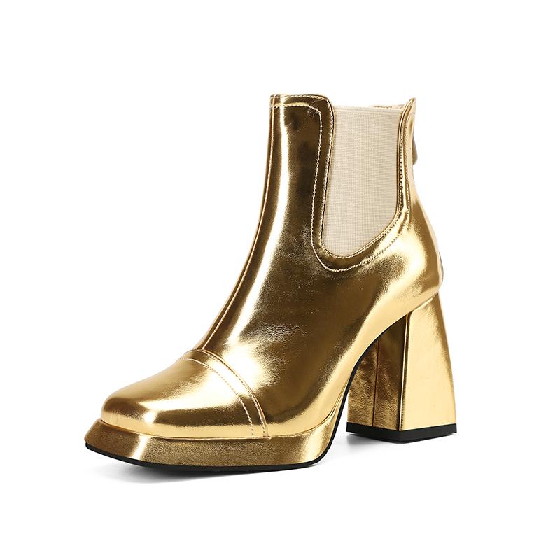 Übergröße Gold Glänzende Patchwork Damen Chelsea Boots mit eckiger Zehenpartie Extra Hohe Dicke Absätze Metallic Silberner Reißverschluss hinten Stiefel