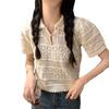 Summer Women's Polo Collar Hollow Knitted Shirt Sweet Versatile Unique Short Sleeve Top for Women